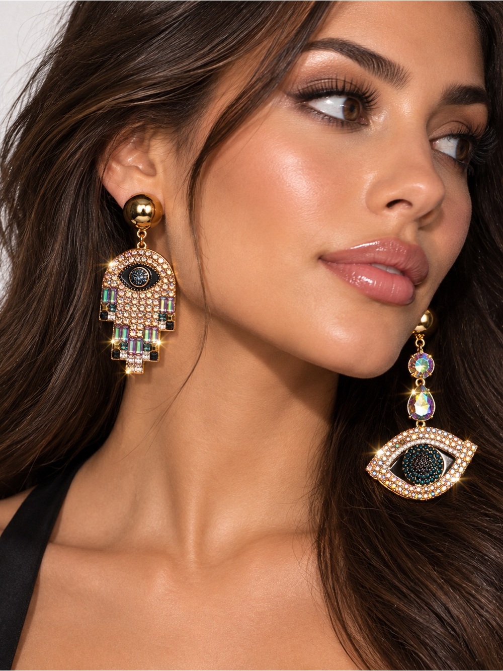 Gold Hamsa & Eye Drop Earrings with Multicolor Crystal Accents • NEW IN BOX